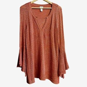 Chico's Rusty Orange Knit Bell‎ Sleeve Layered V-neck Sweater Sz 12